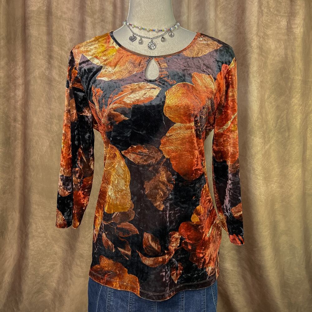 Vintage Y2K Velour Top Floral Key Hole Neck Shirt 3/4 Sleeve Orange Fairy Grunge